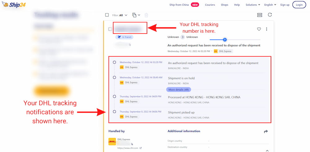DHL tracking notifications on Ship24
