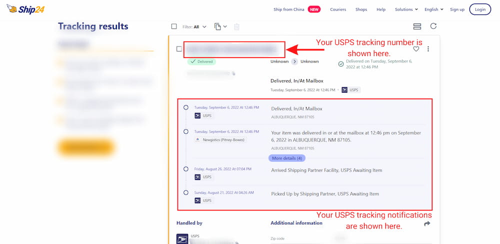 Statut de suivi USPS